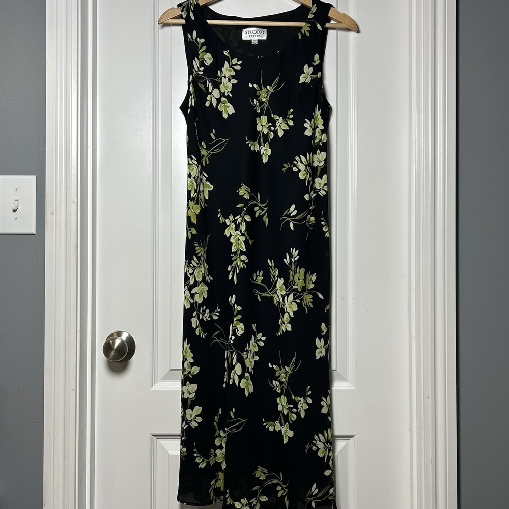 Studio I Vintage 90s Black Green Floral Sleeveless Maxi Dress Garden Party Style